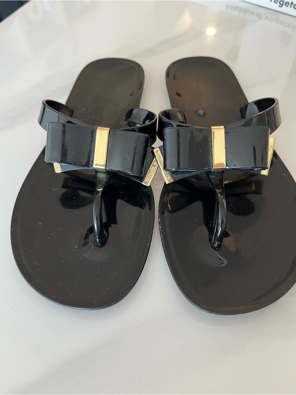 Michael Kors Black Bow Thong Sandals with Gold Accent